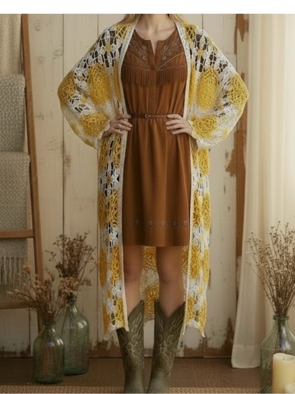 POL Boho Crochet Open-Front Cardigan - Yellow & White